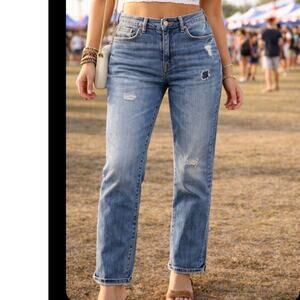 H&M Denim Boyfriend Jeans Low Waist Tapered Leg Straight Distressed Blue 27